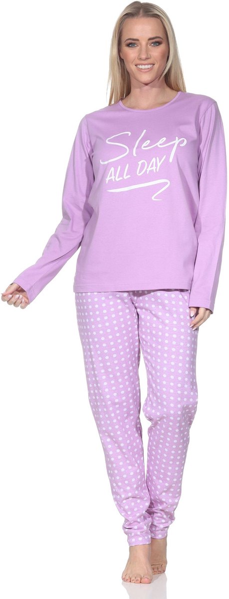 Normann damespyjama met lange mouwen, geruite pyjamabroek en print op de voorkant lila
