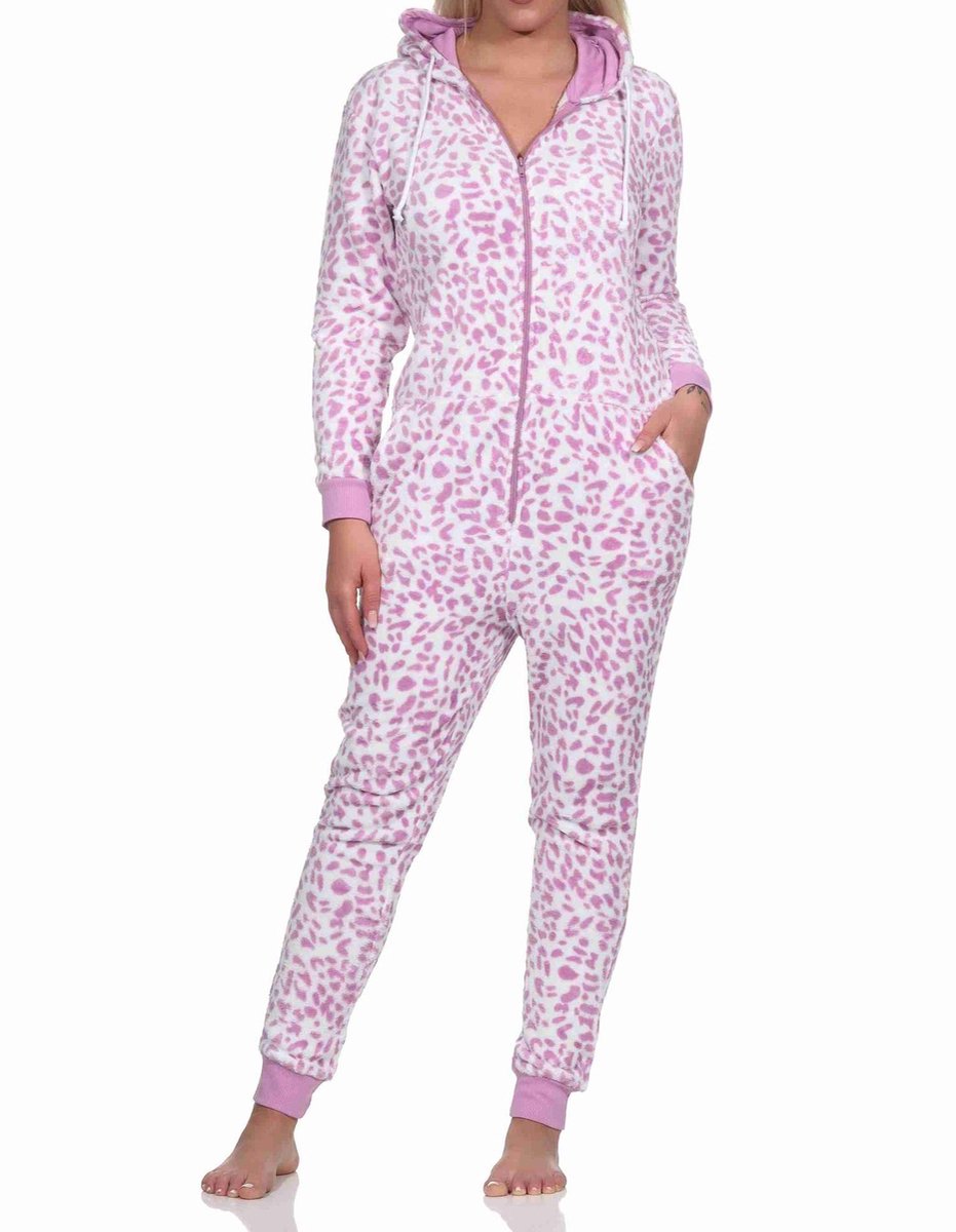 Normann Dames pyjama overall jumpsuit in koraal fleece in dierenlook pink