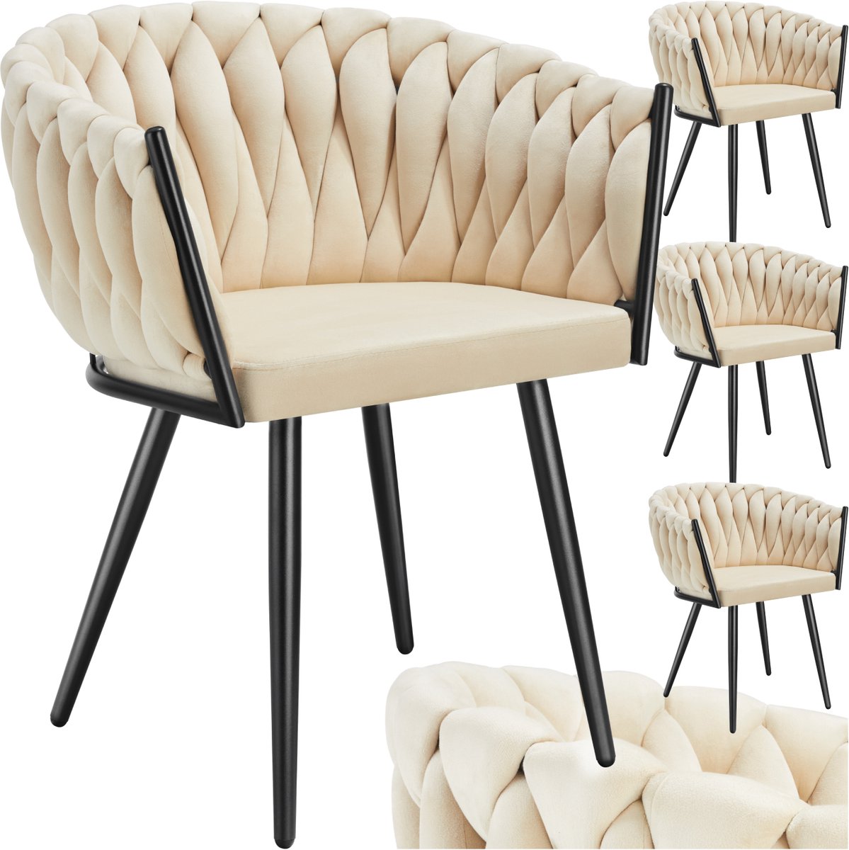 Tectake Set van 4 Fluwelen eetkamerstoelen - Kuipstoel met armleuning in knooplook - Eetkamerstoel - Moderne stoel voor woonkamer en eetkamer - Keukenstoel - Kaptafelstoel - Slaapkamerstoel - Diverse kleuren - Zandkleur