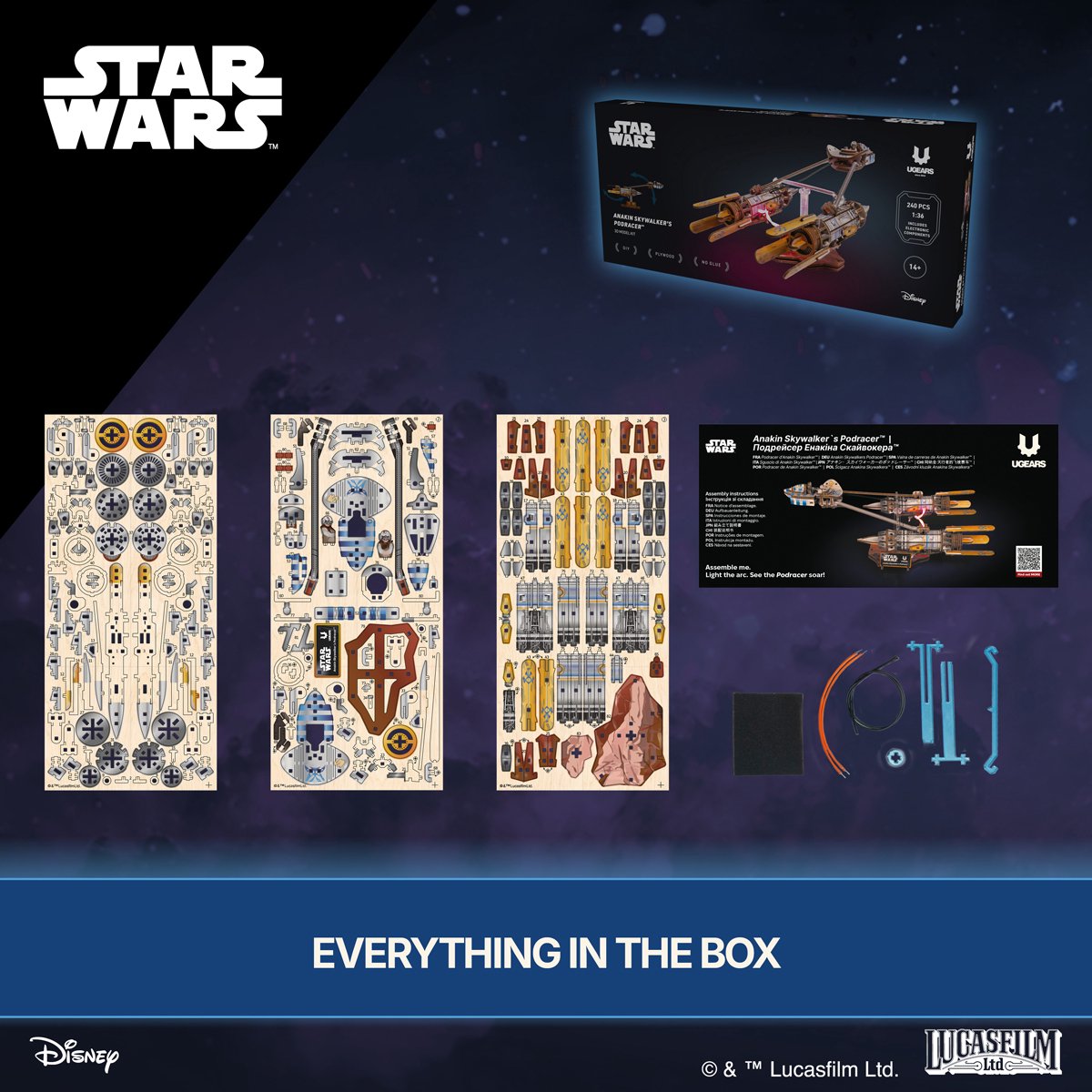 UGEARS 3D Modelbouw - Anakin Skywalker's Podracer - Star Wars - Mechanisch Bouwpakket Hout - Educatief Speelgoed — afbeelding 14