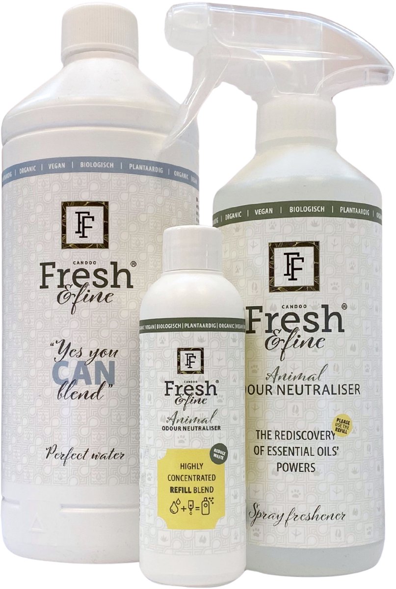 Fresh&Fine Ontgeur mix-pakket - 100% natuurlijke anti dierengeur spray + Geconcentreerde navulling & Perfect water