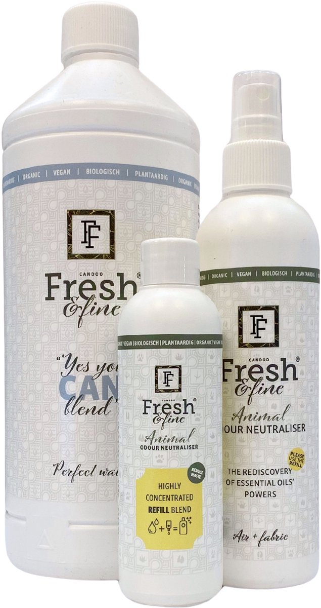 Fresh&Fine Luchtverfrisser mix-pakket - 100% natuurlijke anti dierengeur spray + Geconcentreerde navulling & Perfect water