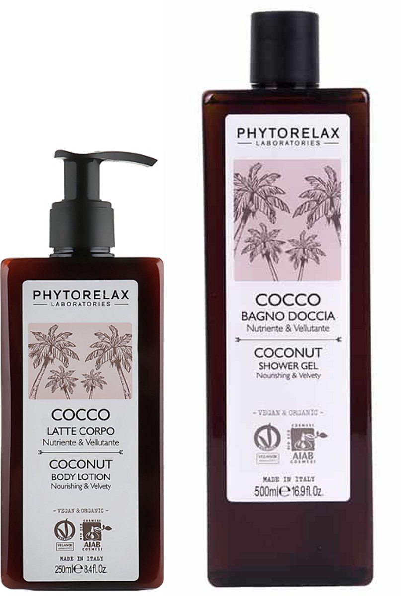 Phytorelax Coconut Verzorgingsset – Douchegel 500ml & Bodylotion 250ml – Vegan & Natuurlijk – Voedend & Zijdezacht – Tropische Kokos – Voor Vrouw – 750ml