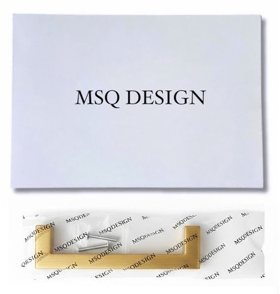 MSQ DESIGN logo op doos en gouden handgreep met schroeven in plastic verpakking.