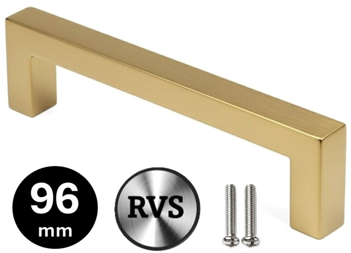 MSQDESIGN Handgreep RVS Goud - Boormaat 96mm - Gouden Handgreep voor Keuken & Kast - Moderne Meubelgreep - Keukengreep Mat Goud -Kastgrepen- Goude Greepjes Keuken - Goude RVS Handvatten - Deurgreepjes -incl schroeven