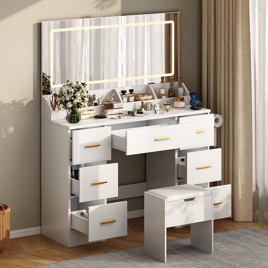Foto: Kaptafel make up tafel inclusief krukje groots spiegel met led verlichting met stopcontacten usb poorten type c 3 lichtkleuren 7 laden en 4 opbergvakken eenvoudige montage 138h x 116l x38b cm wit