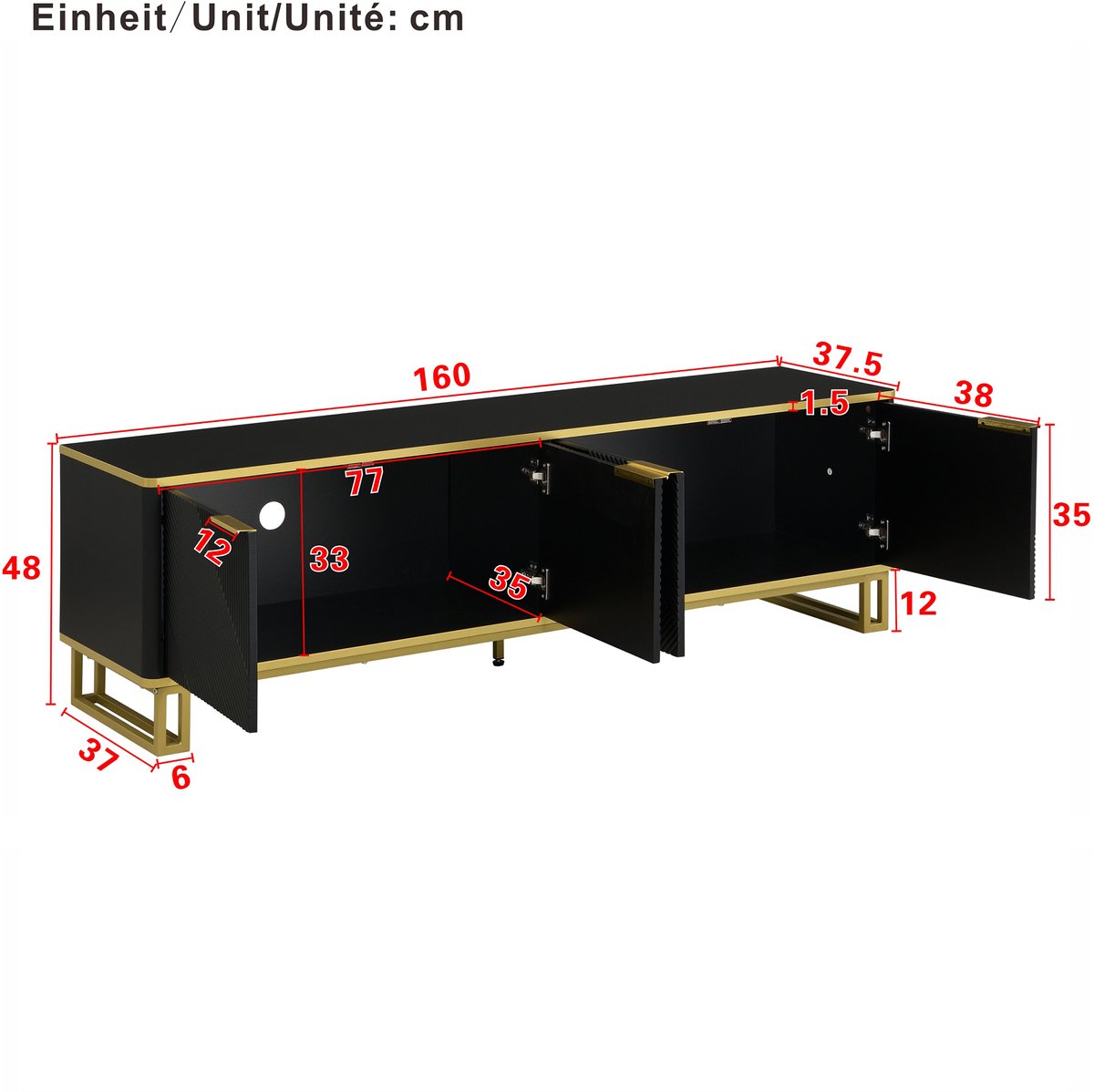 Merax Tv meubel 160 x 37,5 x 48 cm - met vier deuren - tv-steun - tv-paneel - lage kast - geometrisch patroon - zwart