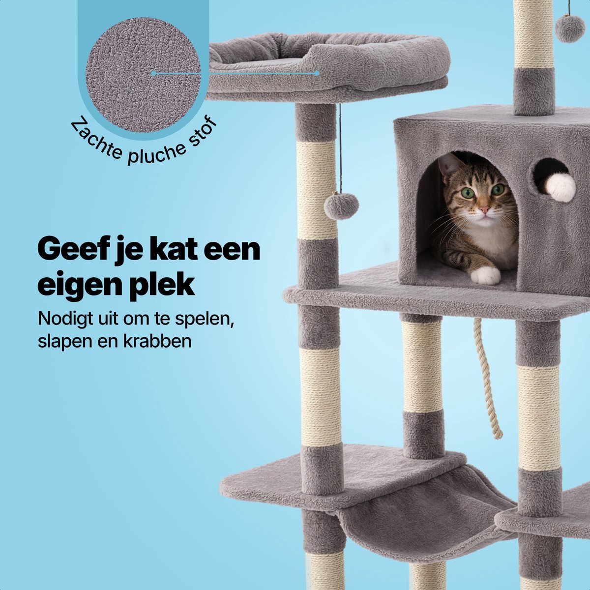 Jake and Jacky Krabpaal voor Katten - Kattenkrabpaal - Krabmeubel - Kattenboom - Krabpalen - Kattenhuis - Lichtgrijs - 147 cm Hoog – foto 4