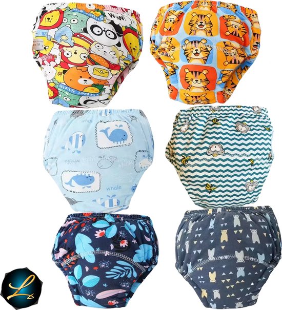 Set van zes wasbare oefenbroekjes met diverse kinderlijke patronen: beren, tijgers, walvissen, apen, bloemen en geometrische vormen.
