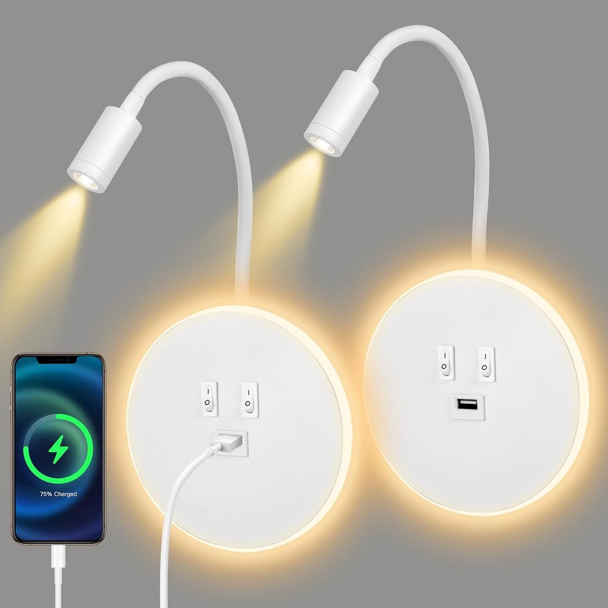Set van 2 LED Wandlampen met Zwanenhals en USB Oplaadpoort