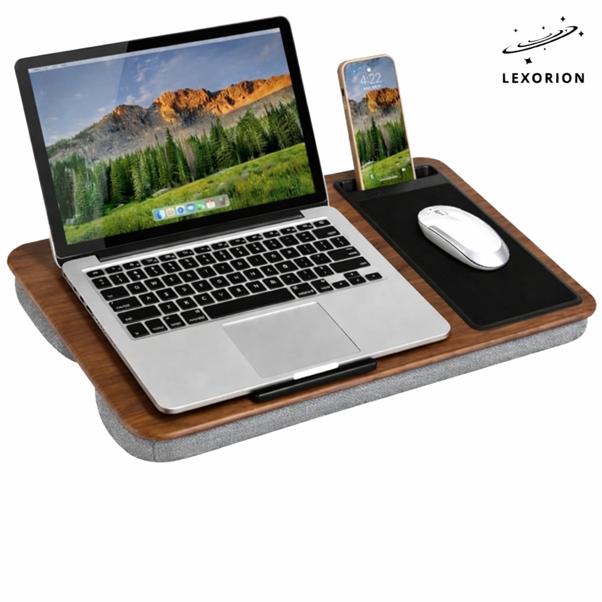 Lexorion Ergonomische Schoottafel - Laptoptafel met Kussen – Ergonomische Schoottafel voor Bed & Bank – Met Muismat & Telefoonhouder – Anti-Slip Onderkant – Geschikt tot 17.3 Inch – 57,5 x 30 cm – Bruin