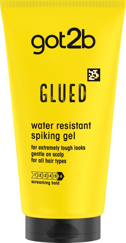 Gele tube got2b GLUED water resistant spiking gel met nummers 1-6 voor fixatie.