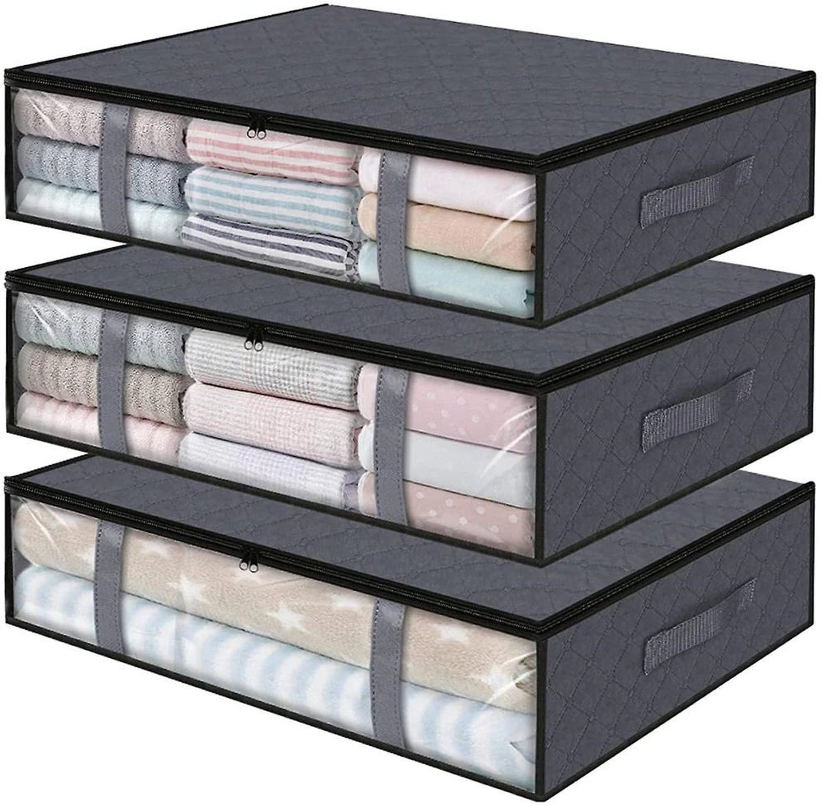 3-delige opbergtassen voor onder het bed - Opvouwbaar - Opbergtassen met deksel - Kledingopbergruimte onder het bed - Geschikt voor kledingkasten onder het bed - 60*45*15 cm - Grijs