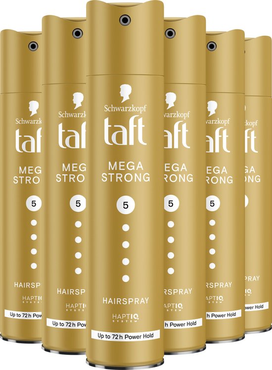 Zes gouden spuitbussen Taft Mega Strong haarlak op een rij.