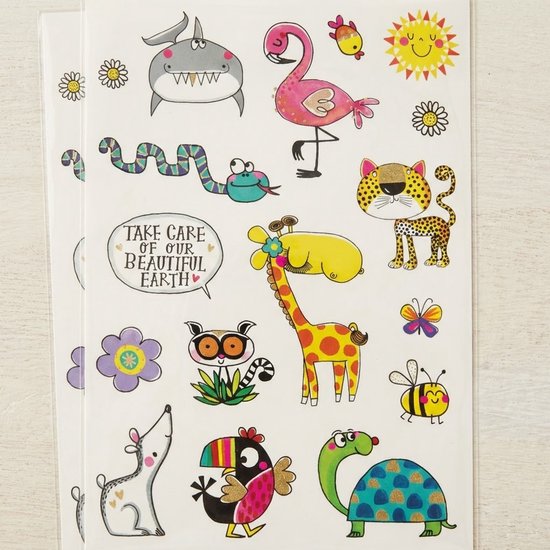 Sticker vel met illustraties van dieren, bloemen en zon. Met de tekst "Take care of our beautiful earth".
