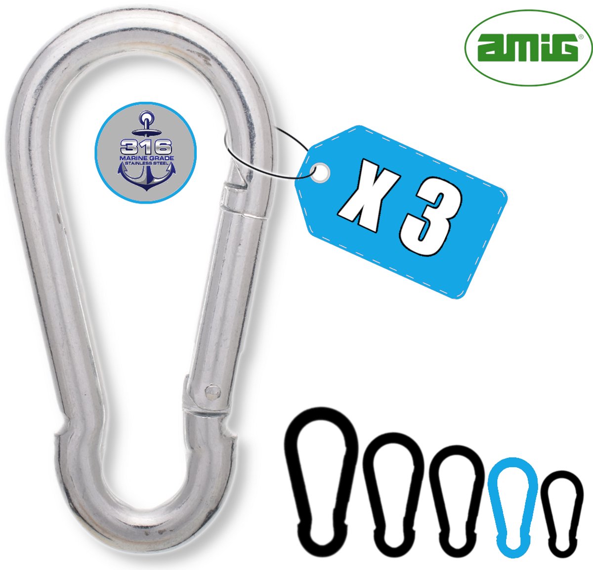 AMIG Karabijnhaak 6x60mm Klein RVS 316 Zeewater Bestendig Veersluiting Zeilboot Set - 3 Stuks