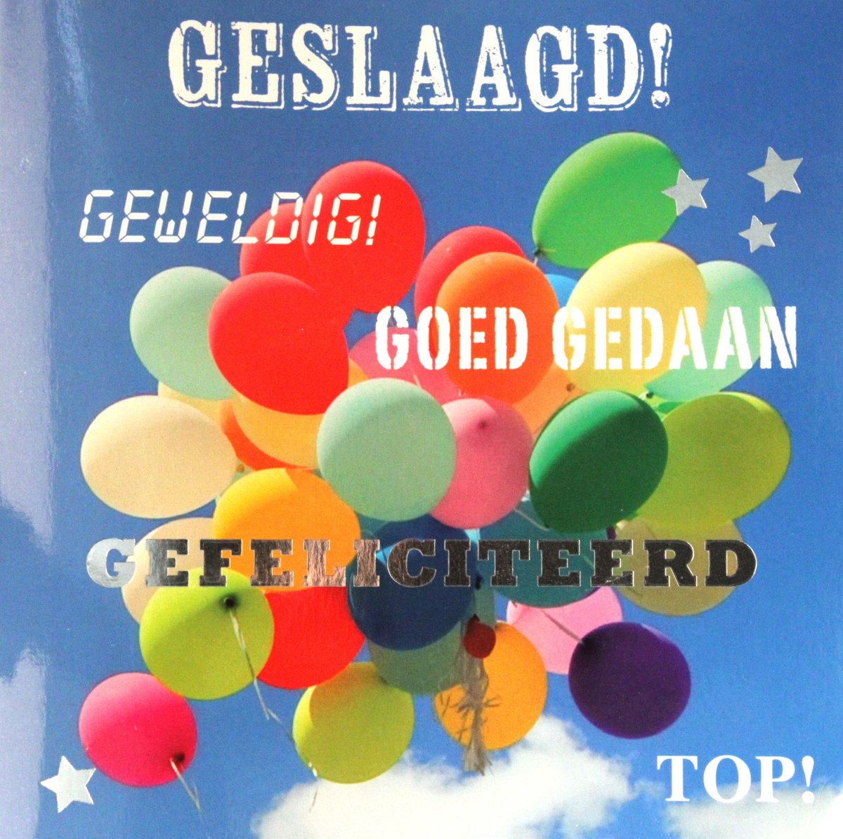 6 Luxe Geslaagd Wenskaarten - Kaart Wens Kaart Examen Geslaagd School Studie Opleiding - Ballonnen Sterren Geweldig Goed Gedaan Gefeliciteerd - Vierkant 14x14cm Rood Wit Blauwe Envelop - Art of Cards - Gratis Verzonden - Hoge Afnamekortingen