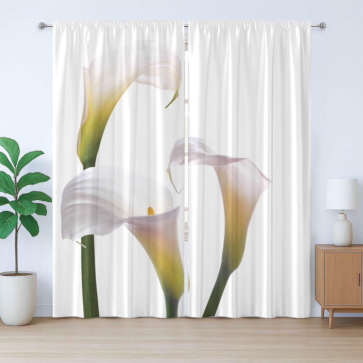 ABAKUHAUS Rustiek bloemengordijn, romantische callalelies, slaapkamergordijn met lussen en haken, 280 x 175 cm, groen wit geel