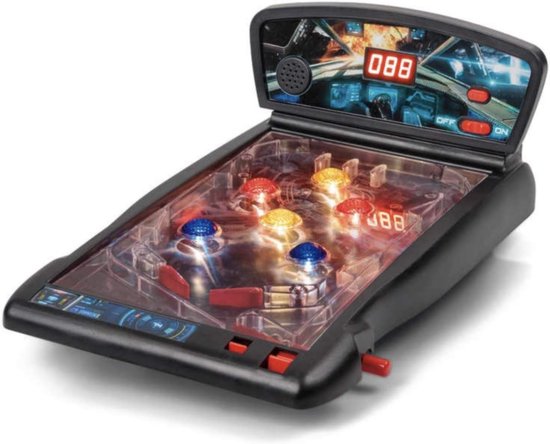 Zwarte speelgoed flipperkast met lichtgevende rode, gele en blauwe knoppen en een digitaal scorebord.