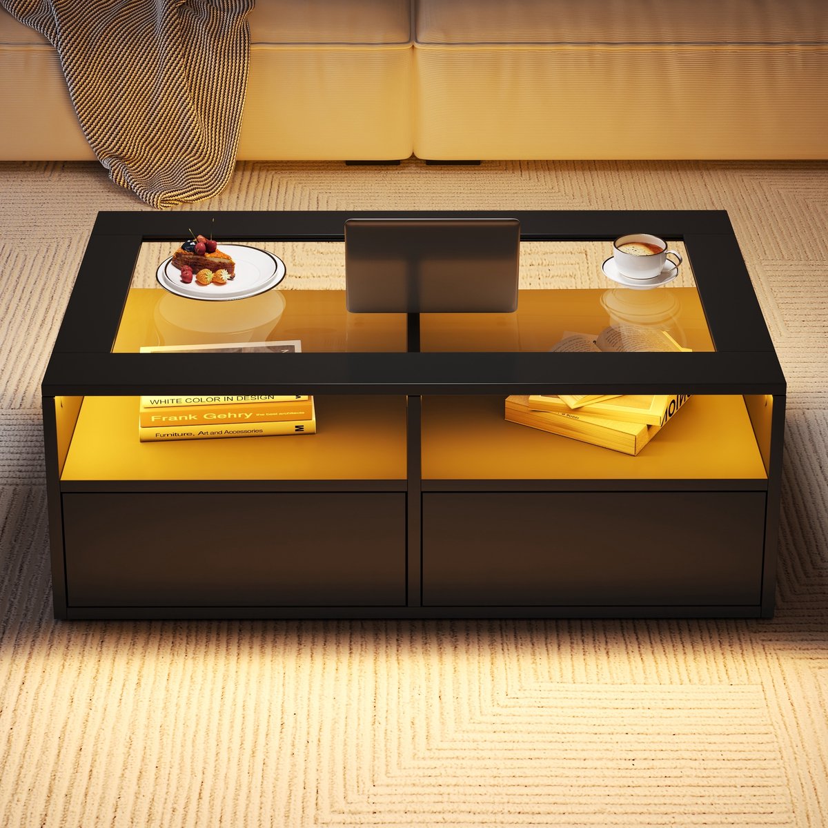 Clruro Salontafel - 100x50x35 cm - Met LED 2 Lades Glasblad En Open Opbergruimte - Glas - Zwart