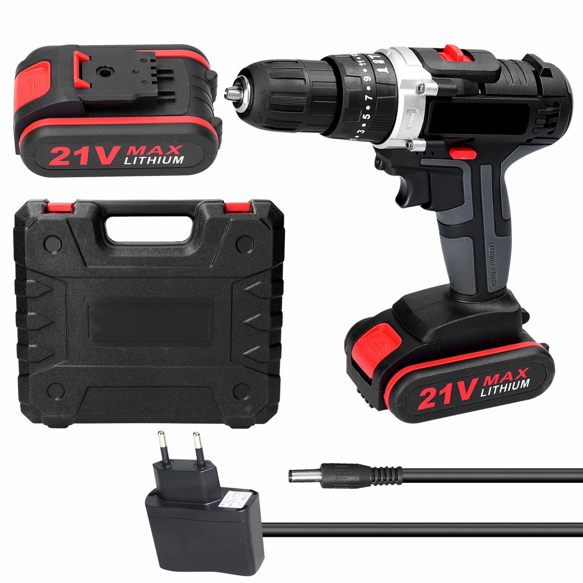 21V Accuboormachine 3-in-1 – Klopboor & Schroefmachine – 2x 1200mAh Accu – 25 Koppelstanden – 2 Versnellingen – 30Nm – Hout, Metaal & Metselwerk