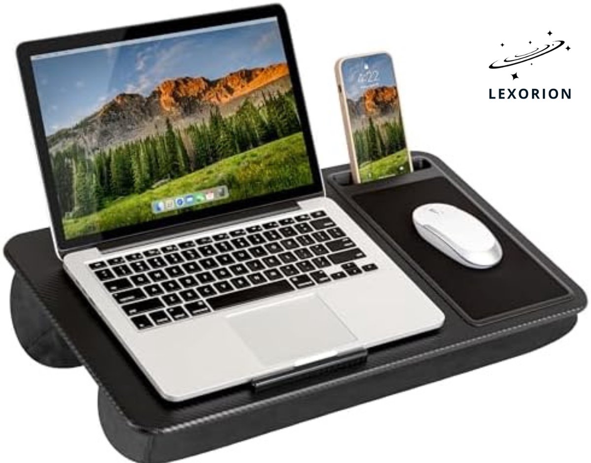 Lexorion Ergonomische Schoottafel - Laptoptafel met Kussen – Ergonomische Schoottafel voor Bed & Bank – Met Muismat & Telefoonhouder – Anti-Slip Onderkant – Geschikt tot 17.3 Inch – 57,5 x 30 cm – Zwart