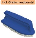 Blauwe handborstel met witte borstelharen en een ergonomisch handvat.