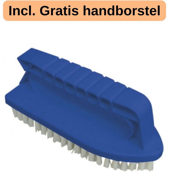 Blauwe handborstel met witte borstelharen en een ergonomisch handvat.