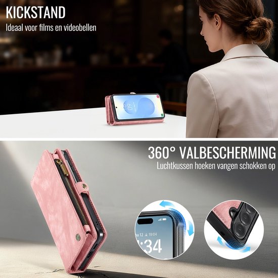 Roze telefoonhoesje in standaardmodus voor films en videogesprekken. Toont valbescherming met luchtkussens.