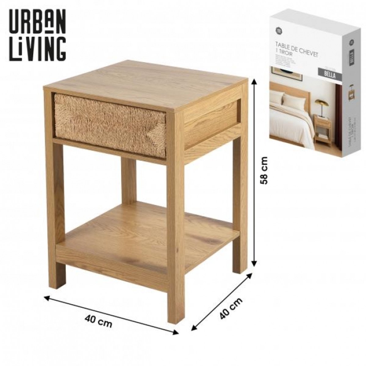 Urban Living "BELLA" Nachtkastje met 1 lade in gevlochten touw – 40 x 40 x 58 cm Natuurlijke