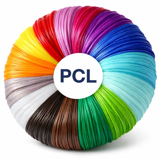 Een cirkel van 3D-pen filamenten, georganiseerd per kleur, met het label 'PCL' in het midden.