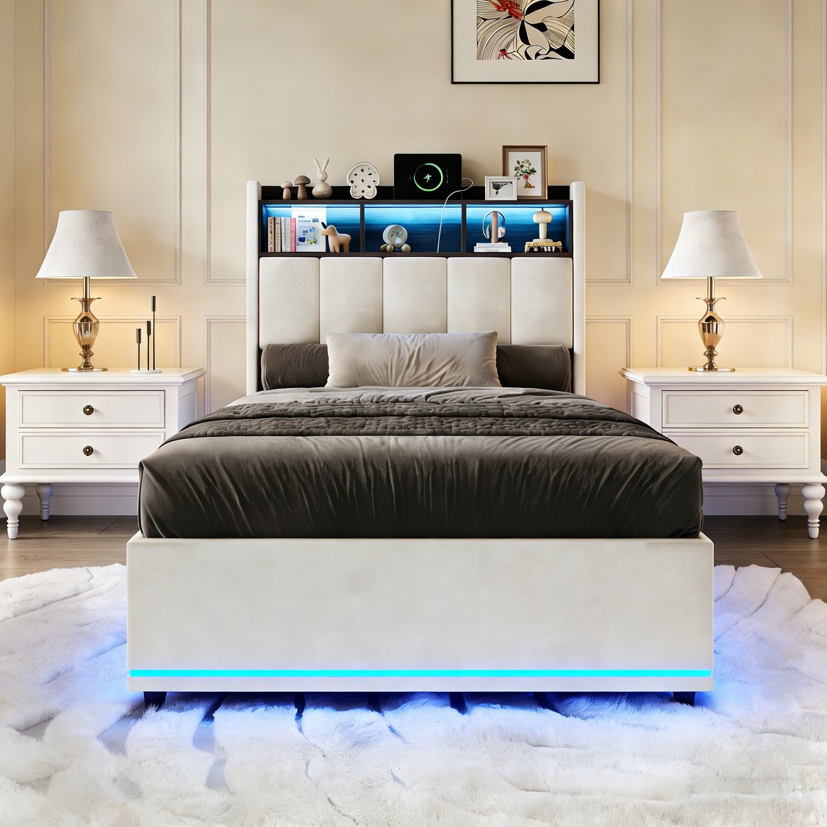 Eenpersoonsbed Opbergbed 90x200 cm – Polsterbed met RGB-LED en USB, Tête de Lit met Opbergruimte, Lattenbodem, Geschikt voor volwassenen en adolescenten, Velours Beige (Zonder Matras)