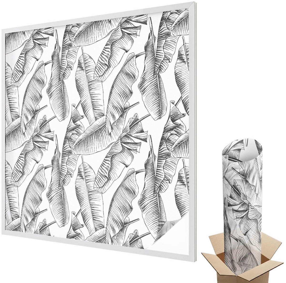 Wallfluent Glas in Lood Raamfolie - Tropische bladeren Glas in Lood Folie - 100x100 cm - Zwart-wit Plakfolie Raam Glas in Lood - Decoratieve Plakfolie Glas in Lood - Voor de woonkamer, voor het kantoor, voor de hal - Glas in Lood Folie voor Raam