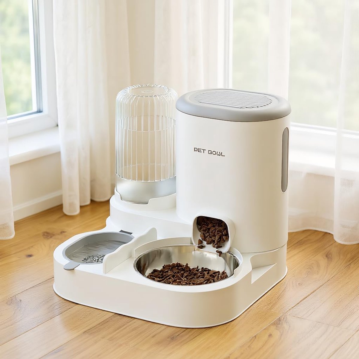 Geïntegreerde automatische drinkfontein en voerautomaat voor katten, met roestvrijstalen bak, dubbele bak voor droog/nat voer, 2-in-1 automatisch voerstation voor huisdieren, geschikt voor binnenkatten