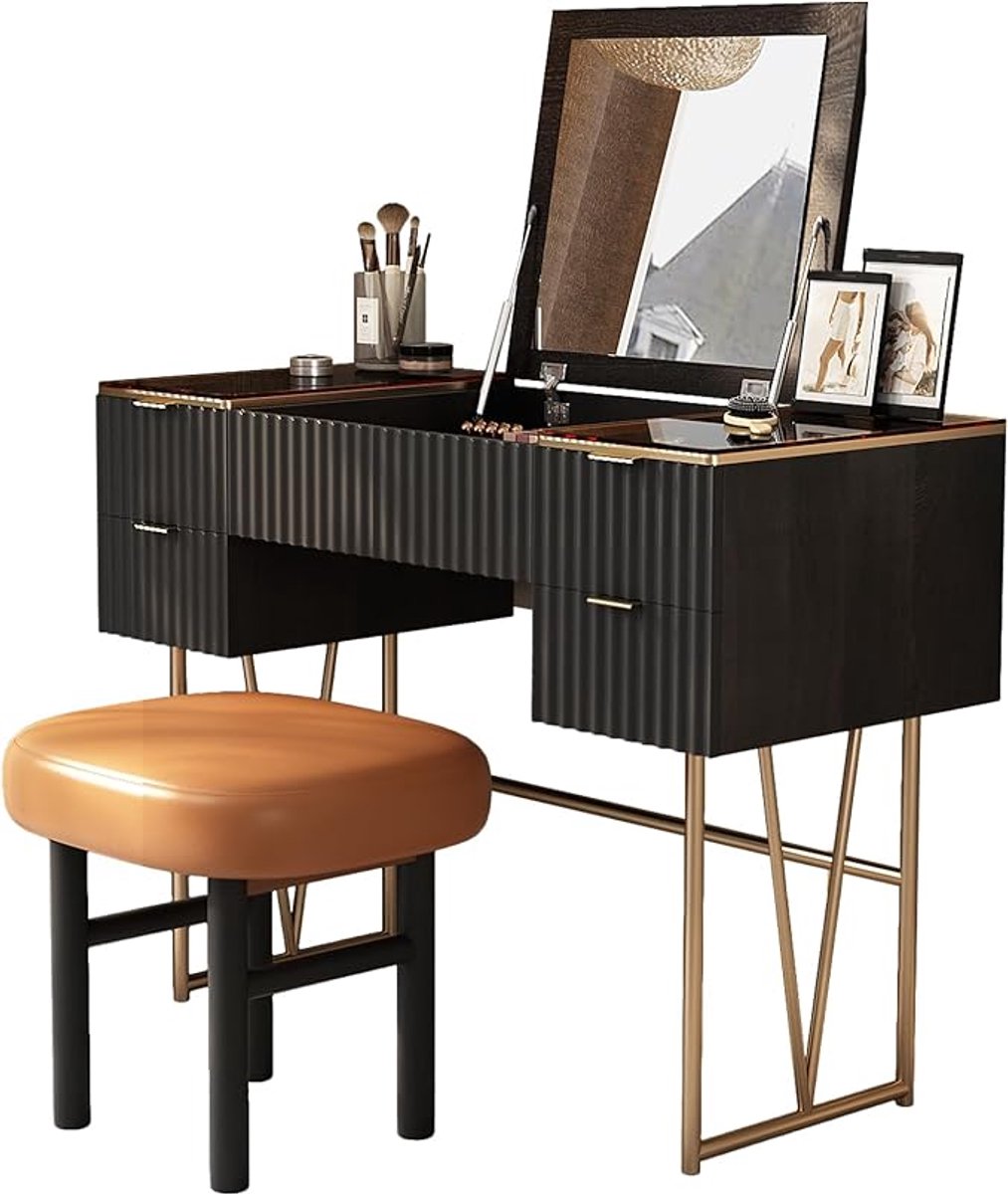 Make-uptafel met Flip-Top Spiegel & Kruk 99 x 45,5 x 76 cm – Moderne Kaptafel met Verborgen Opbergruimte, Dubbelzijdige Spiegel & 4 Laden – Zwart – Pauwhome