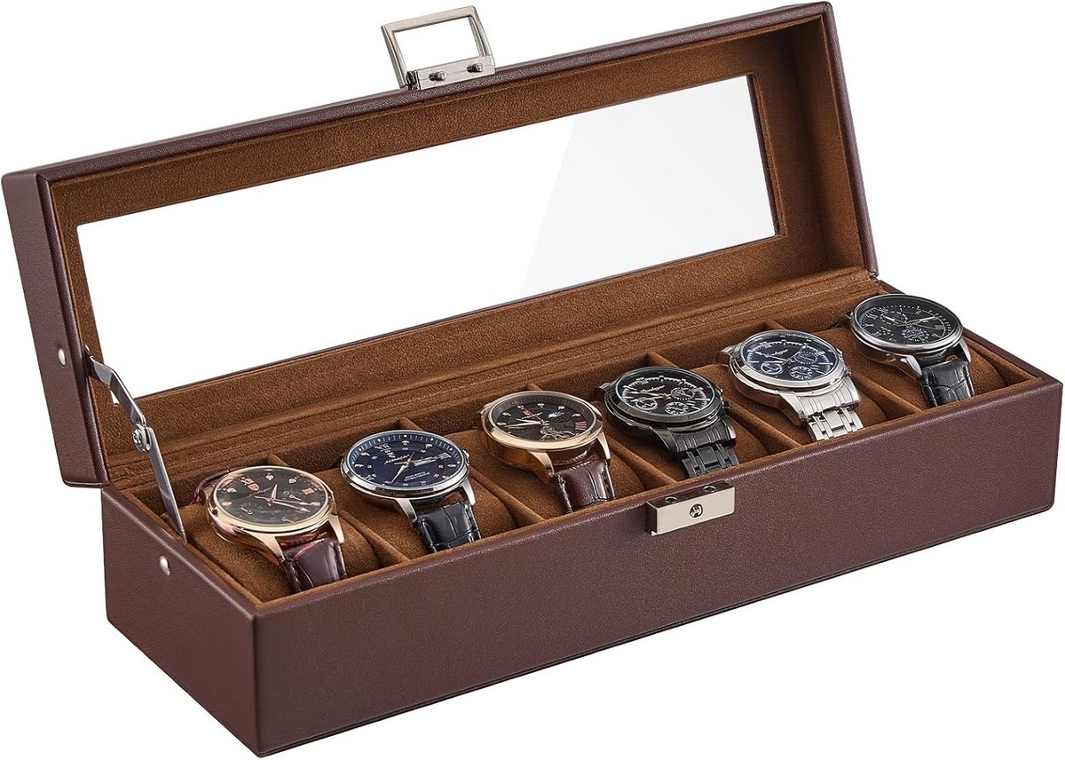 Luxe Horlogedoos voor 6 Horloges - PU Leer met Glazen Deksel