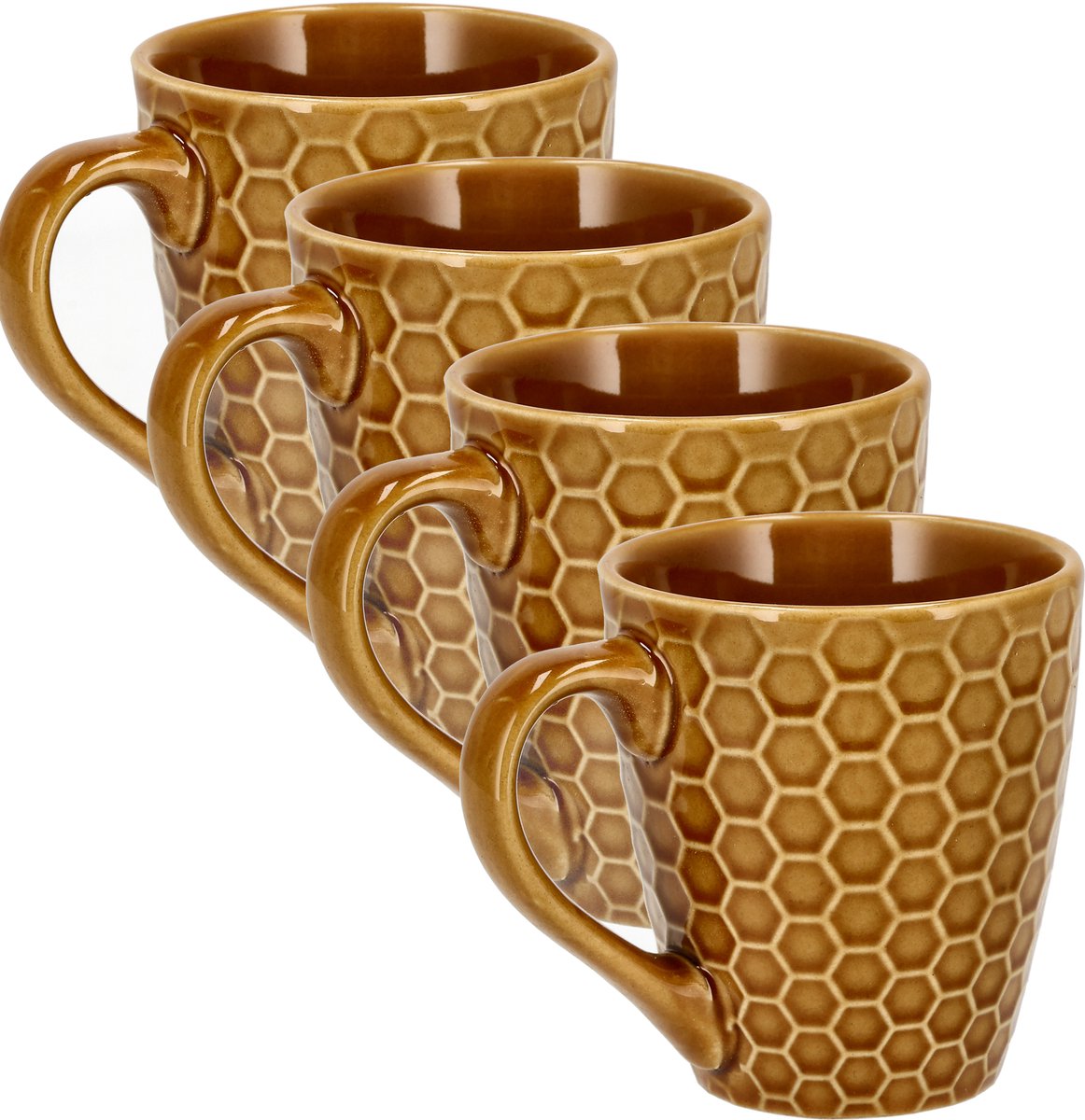 Koffiemokken Set van 4 – Keramische Koffiebekers 200 ml met Oor – Aardewerk Koffiemokken & Theemokken – Kleine Mokken voor Koffie, Cappuccino & Espresso – Bruin Honingraat Design