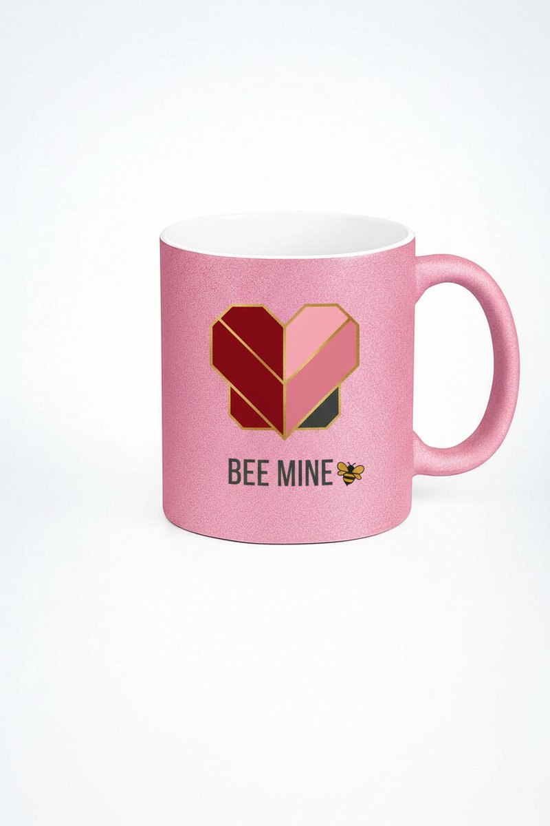 Roze Glitter Mok 'Bee Mine' Geometrisch Hart – Uniek Liefdescadeau