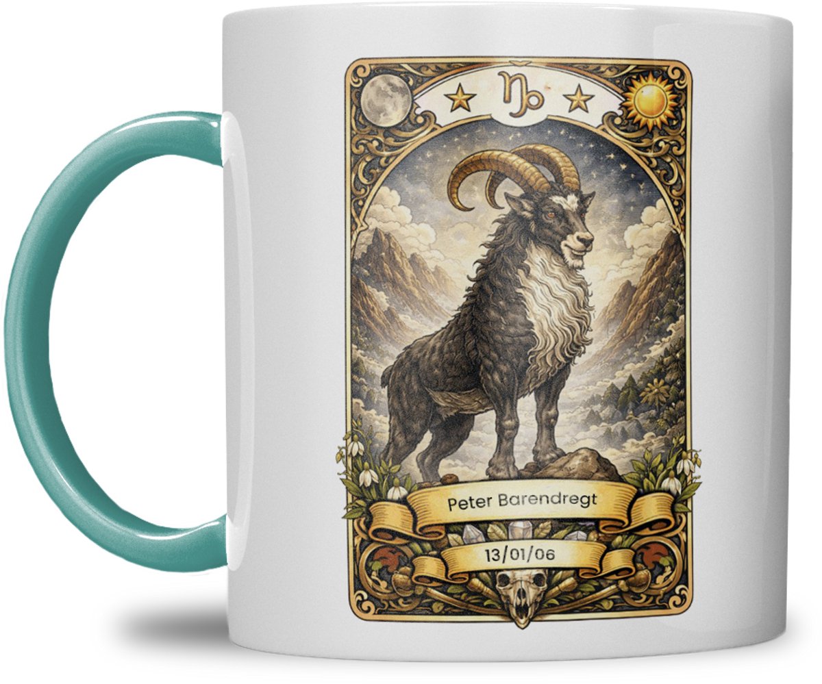 Sterrenbeeld mok - Steenbok - Zeegroen Blauw - Tarot mok - Gepersonaliseerd met naam en datum