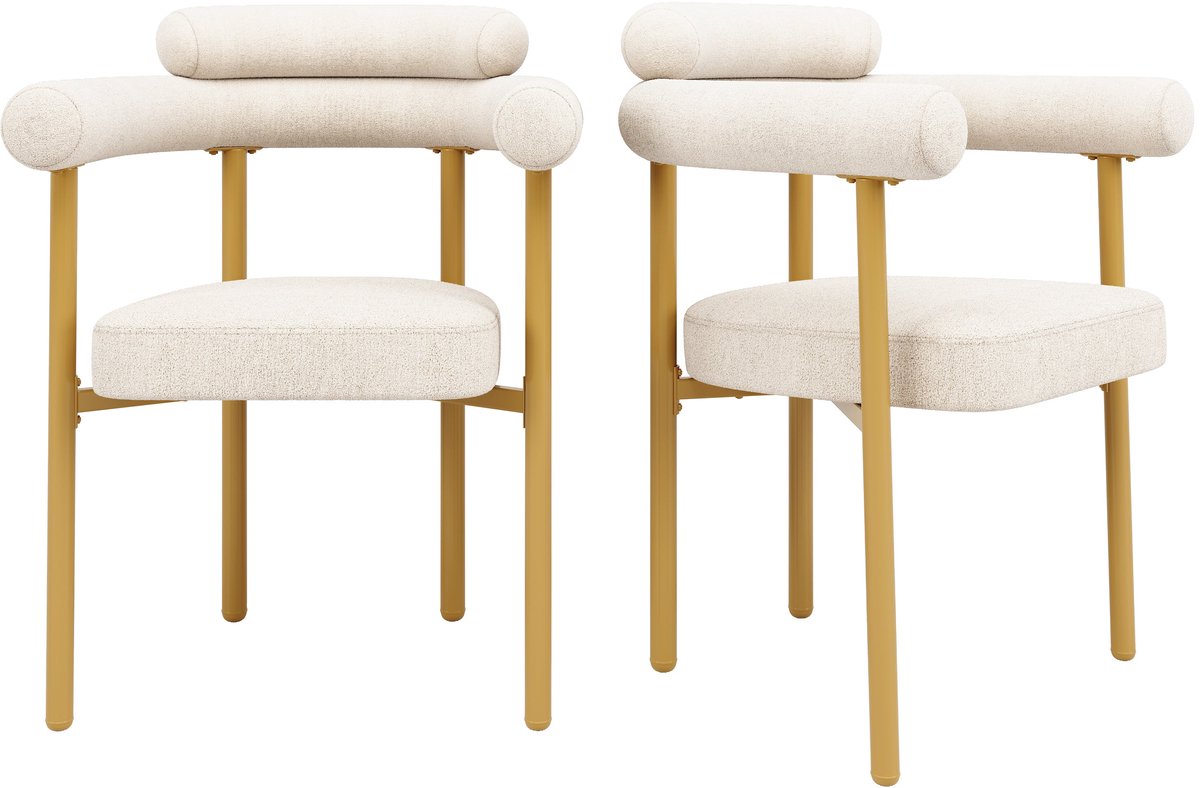 Merax Set van 2 Eetkamerstoelen Beige Suède-look met Armleuningen – Ergonomische Kuipstoelen met Gouden Metalen Poten – 150 kg Belastbaar