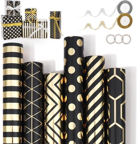 Cadeaupapier Set - 6 Rollen Goud & Zwart Kerst - Inclusief Lint & Stickers - 43x300 cm Per Rol