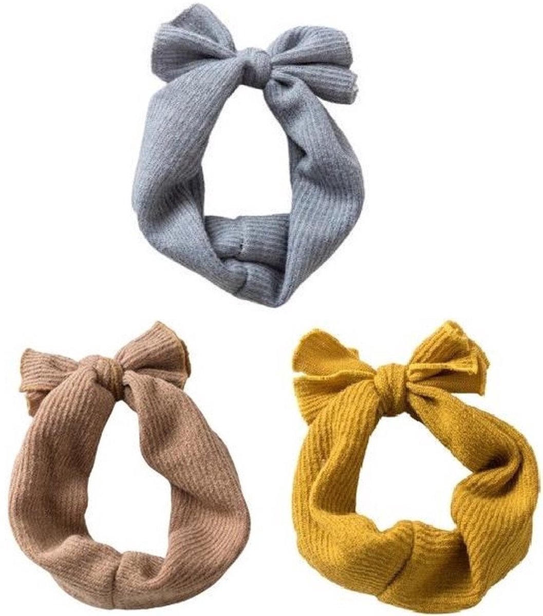 3 Stuks Gebreide Baby Haarbandjes met Strik (3-18 maanden) – Blauw, Geel en Bruin – Warme Haarbandjes