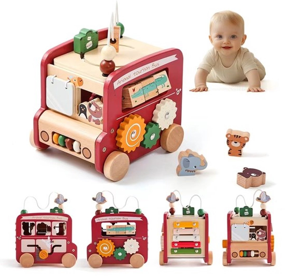 5 in 1 Bus Speelgoed Montessori Educatief Spel Speelgoed - Montessori Speelgoed vanaf 1 Jaar - Baby Motoriek Bus Speelgoed voor 12+ Maanden Meisjes Jongens Verjaardagscadeau - Rood