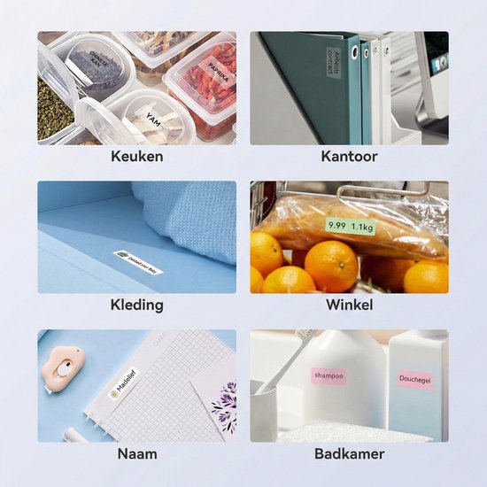 Zes afbeeldingen: Keuken met gelabelde voorraadpotten, kantoor met gelabelde ordners, kleding met naamlabel, boodschappen met prijskaartje, naambadge, en badkamerproducten met labels.