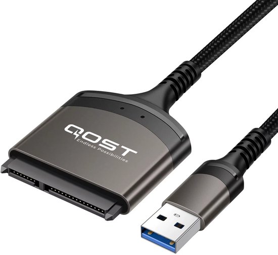 Qost - USB-A naar Sata Adapter - Zwart - Aluminium - 6 Gbps - 22 Pin 2.5" - Sata Kabel naar USB-A - Sata to USB