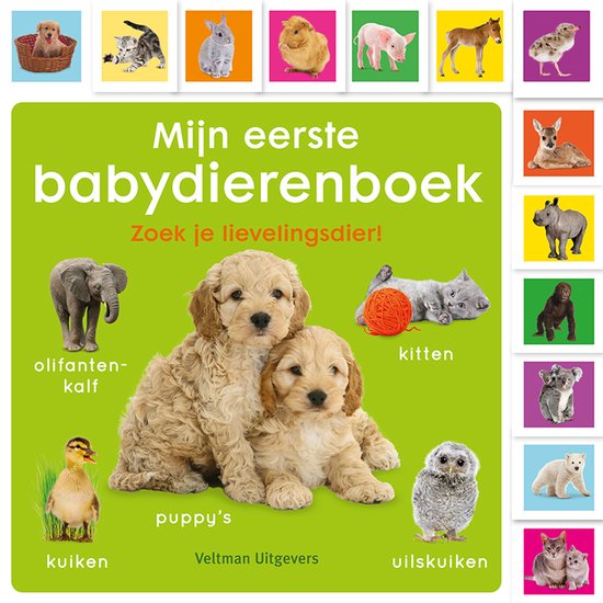 Boekomslag met twee puppy's in het midden. Olifantenkalf, kuiken, kitten en uilskuiken ernaast.