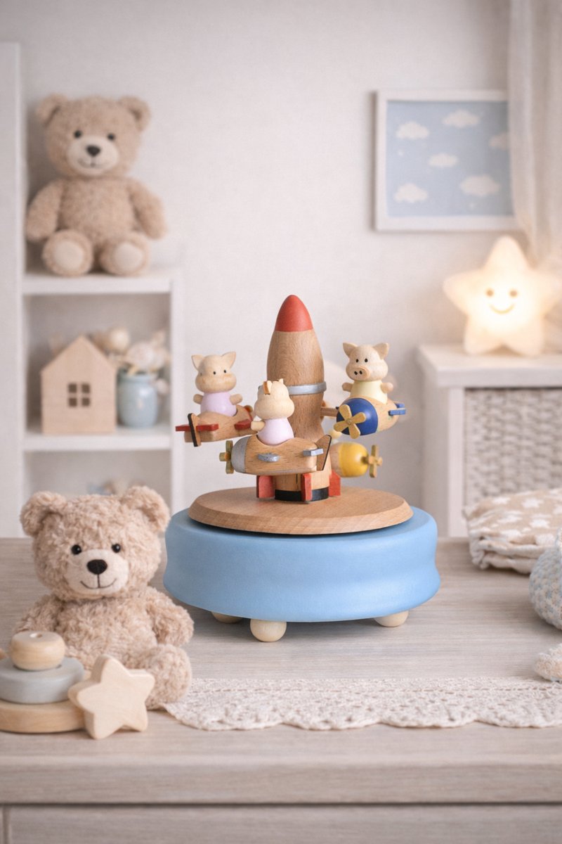 Bébli - Muziekdoos - Wooden Music Box - Flying Pig - Melody: 'The city of the sky' - Het perfecte cadeau voor een verjaardag of babyshower