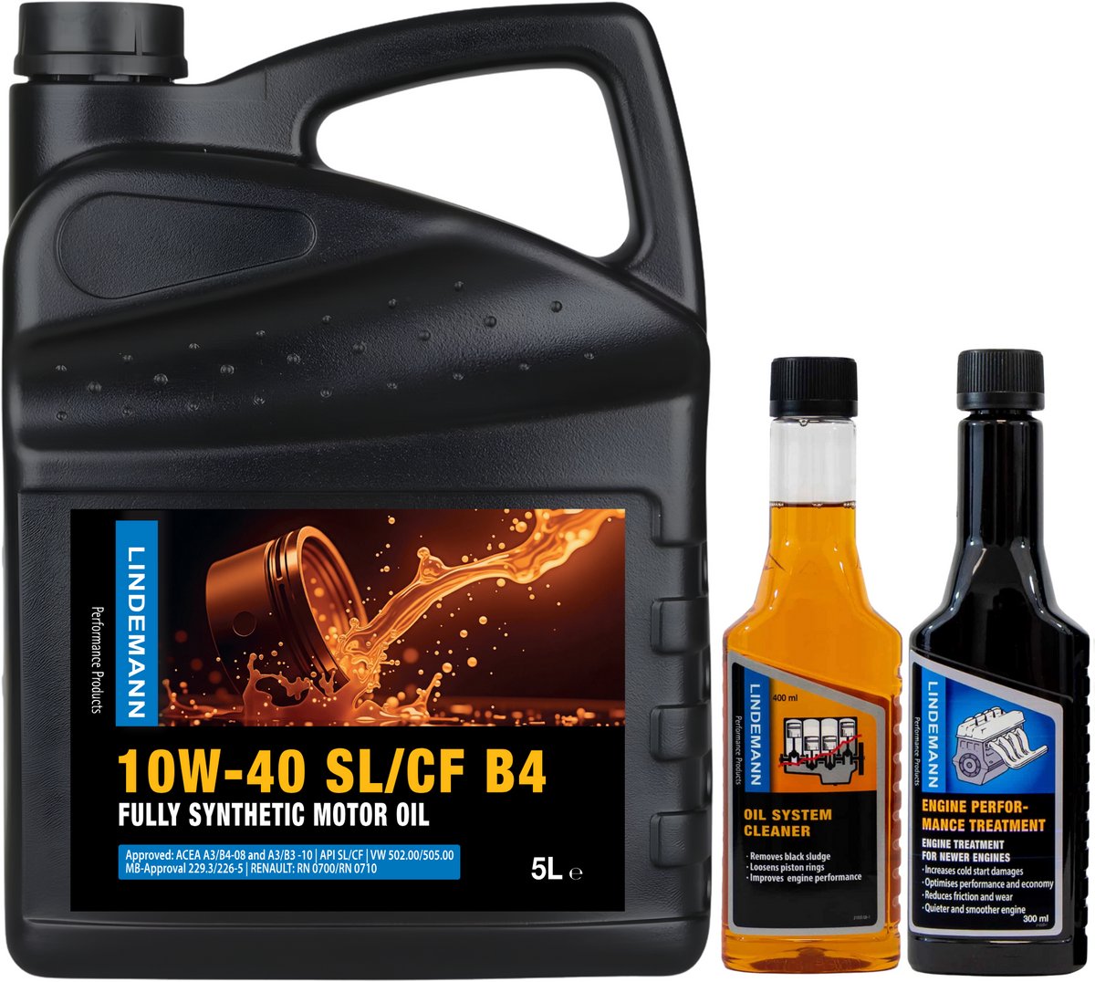 Lindemann Motorolie 10W40 - 5L + Oil System Cleaner (Motor Reiniger) - Engine Performance Treatment (Olie Additief) - Olieverversing Set en Bescherming