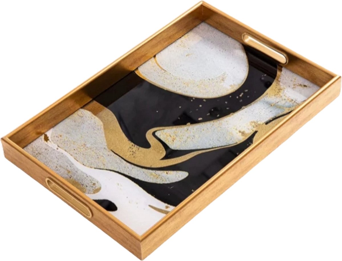 IvoQ Dienblad – Goud & Zwart Marmer – Met Handgrepen – Decoratief & Serveren – Luxe Serveerschaal – 30 × 45 cm