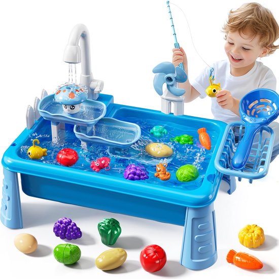 Jouet table d'eau pour enfants de 2, 3, 4, 5 et 6 ans - Cuisine extérieure avec eau courante, jeux de pêche, table d'eau pour tout-petits, jouet de plage pour l'extérieur, cadeaux d'été (bleu)